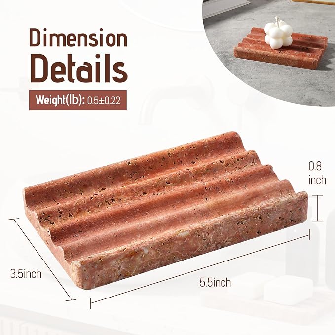 Karibiber Travertine Soap Dish, Red Marble Bar Soap Holder Shower, Bathroom Soaps Saver, Easy Cleaning Natural Stone Sponge Holder for Kitchen Sink, Executive Jewelry Ring Tray