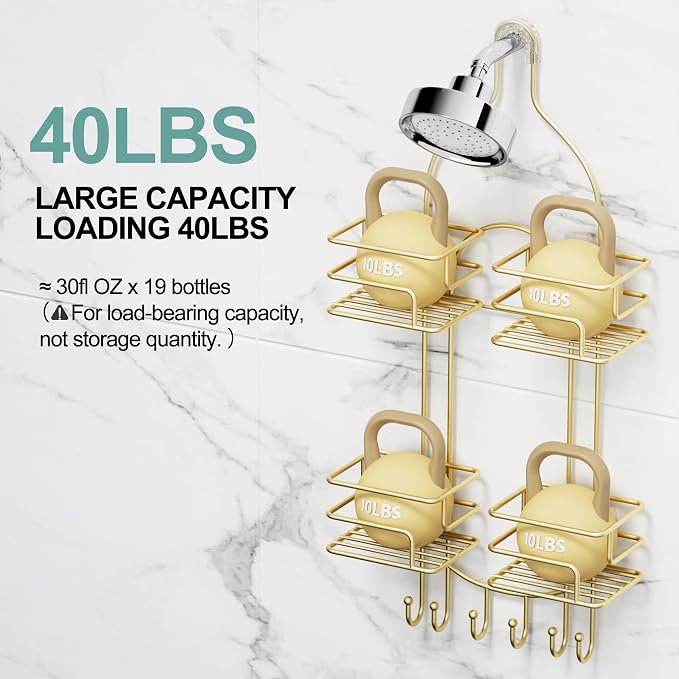 SRIWATANA Shower Caddy Hanging, Shower Organizer with Razor Hooks, Gold | Rustproof Shower Rack, No Drilling Shelves Over Shower Head, Anti-Swing Scution Install, Bathroom Holder for Sponge Loofah