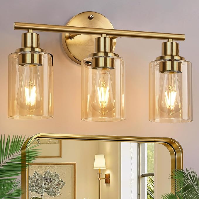 Zarbitta 3-Light Bathroom Light Fixtures, Brushed Gold Vanity Light, Farmhouse Wall Lights with Amber Glass Shades, Bathroom Wall Lamp for Mirror Kitchen Bedroom Hallway Living Room