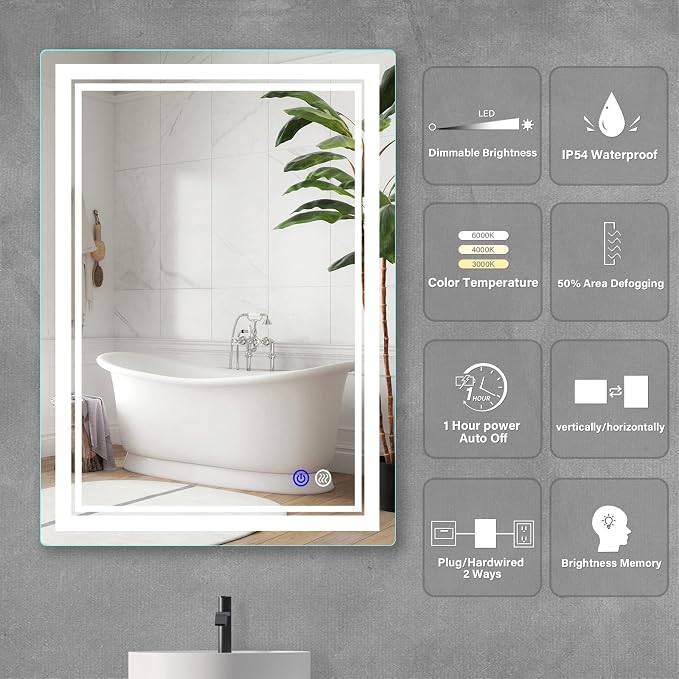 LED Bathroom Mirror, Vanity Mirror with Light for Wall 20"×28" | Stepless Dimmable, 3 Colors (3000K-6000K), Anti-Fog, Wall Mounted, 1 Hour Auto Off, Memory Function, Reinforced Packaging