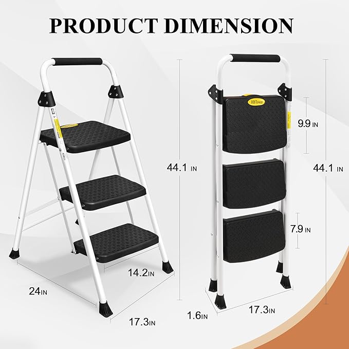 HBTower Step Ladder, Folding Step Stool with Wide Anti-Slip Pedal | Sturdy Steel Ladder, Convenient Handrail, Lightweight, Portable Steel Step Stool