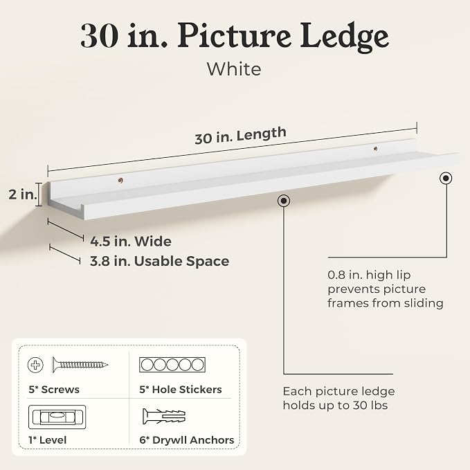 White Picture Ledge Shelves for Wall, 4.5" Deep Wood Floating Shelves with Lip for Bedroom, Living Room, 30" Width, Color White Set of 2