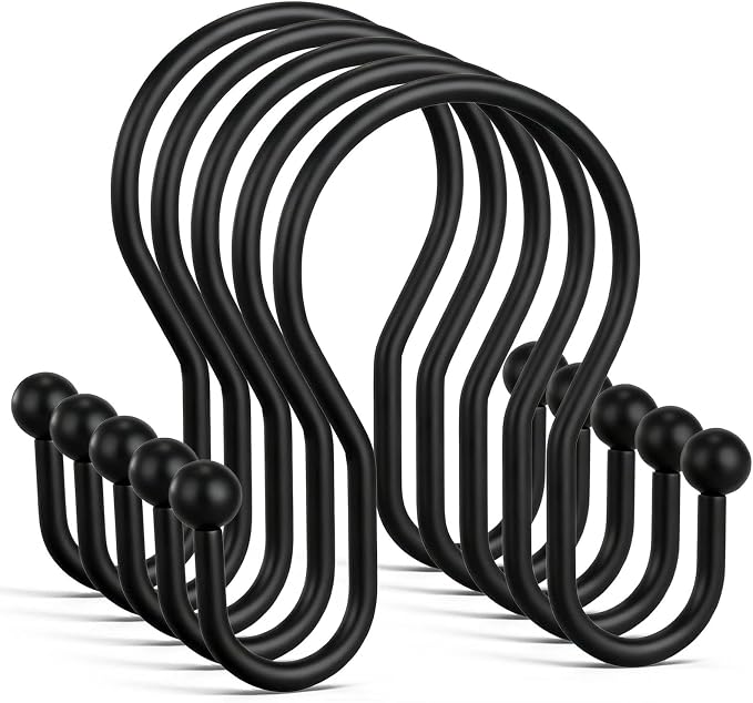 Shower Curtain Hooks, 12 Pcs Shower Curtain Rings, Stainless Steel Shower Curtain Hangers, Black Shower Curtain Hooks Rings Rust Proof, Minimalist Shower Hooks for Shower Curtain, Black