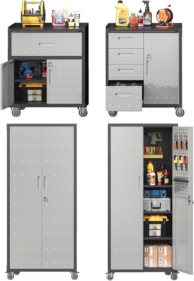 Garage Storage Cabinet System,Wall Cabinet & Locking Rolling Tool Cabinet with Doors and Adjustable Shelves