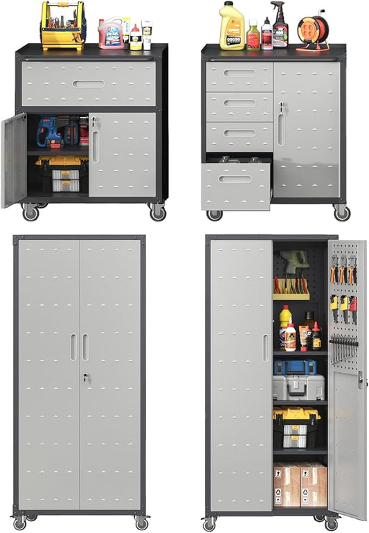Garage Storage Cabinet System,Wall Cabinet & Locking Rolling Tool Cabinet with Doors and Adjustable Shelves
