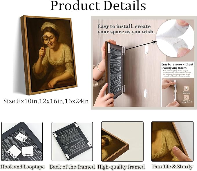 Floating Framed Funny Parody Bathroom Canvas Wall Art, Woman with Magnifier Painting Picture Wall Decor, Vintage Humor Victorian Poster Print Artwork for Toilet, Restroom, Home Decoration 8x10in