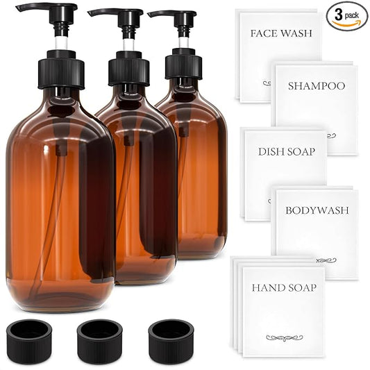 Plastic Amber Soap Dispenser with Pump Set of 3 – 16 oz Refillable Shampoo and Face Wash Bottles – Durable & Reusable for Hand Soap, Dish Soap, Lotion, Gel, Body Wash in Kitchen, Bathroom, Shower