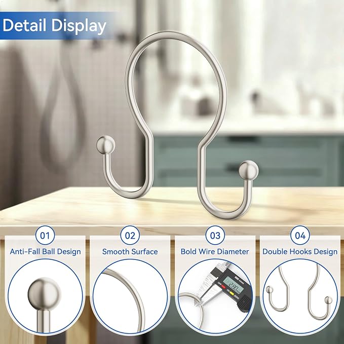 OEH Shower Curtain Hooks, 12 Pcs Minimalist Shower Curtain Rings, Metal Shower Curtain Hangers, Double Hook Shower Curtain Hooks Rust Proof, Smooth Sturdy Shower Hooks for Shower Curtain, Matte Nickel
