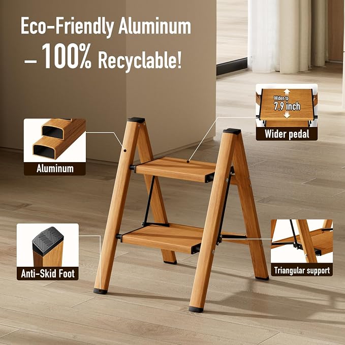 Mayi Plus 2 Step Stool Foldable, Aluminum, Lightweight Step Ladder | Extra-wide anti-slip folding steps with 330 lbs, for home,kitchen,office,outdoor,Woodgrain