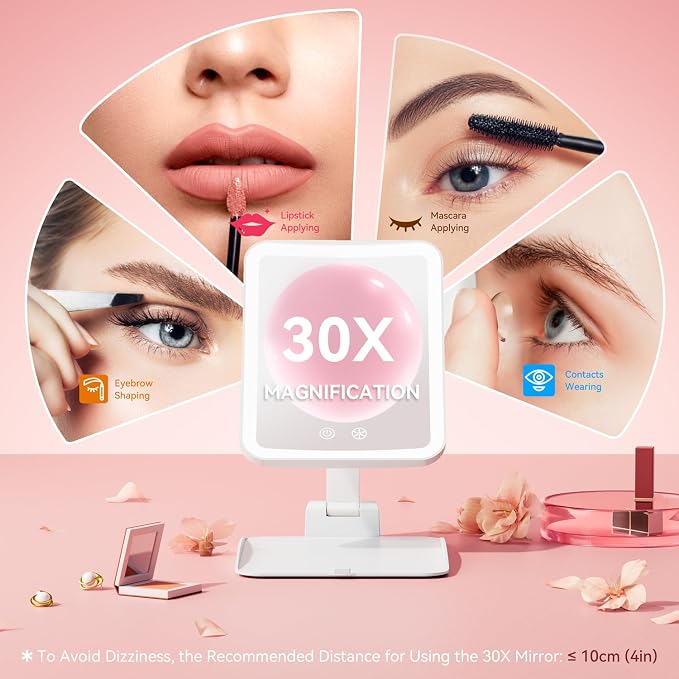 Auxmir 30X Magnifying Travel Makeup Mirror, 2000mAh Rechargeable Mirror | 3 light colors with 64 LEDs, touch dimming, compact portable foldable, adjustable height & angle, travel, 30X magnification