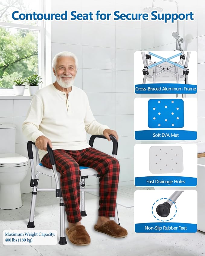 Shower Chair with Back and Arms, 400 lb Capacity | Reinforced Safety Bar, Non-Slip Bath Seat, For Elderly, Adults and Disabled Users