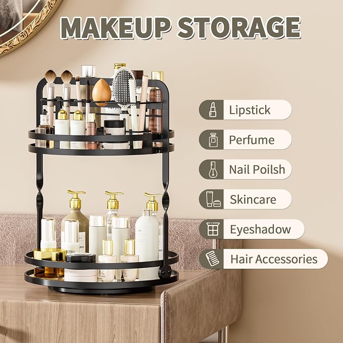360 Rotating Makeup Organizer,Perfume Organizer, Bathroom Counter Organizer | 2-Tier Large Capacity Gold Vanity Organizer for Dresser,Perfume Shelf with Makeup Brush Holder Stores Skincare and Cosmetics