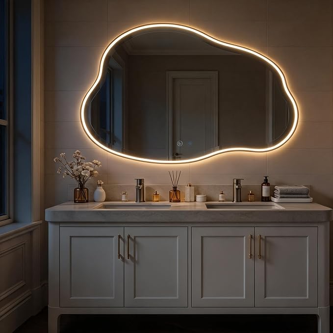 POZINO 42"x28" Irregular LED Bathroom Mirror with Lights, Gold Metal Frame | Beveled Edge, 3 Color Dimmable, Anti-Fog, Memory Function, IP65 Waterproof, Cloud Shaped Bathroom Mirror with Front Lights