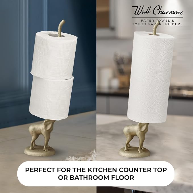 Gold Paper Towel Holder, Metal Toilet or Kitchen Paper Holder for Floor or Countertop, Gold Elephant | 18.6 inch tall gold cast iron hand towel holder for kitchen countertop or bathroom with weighted base, no assembly