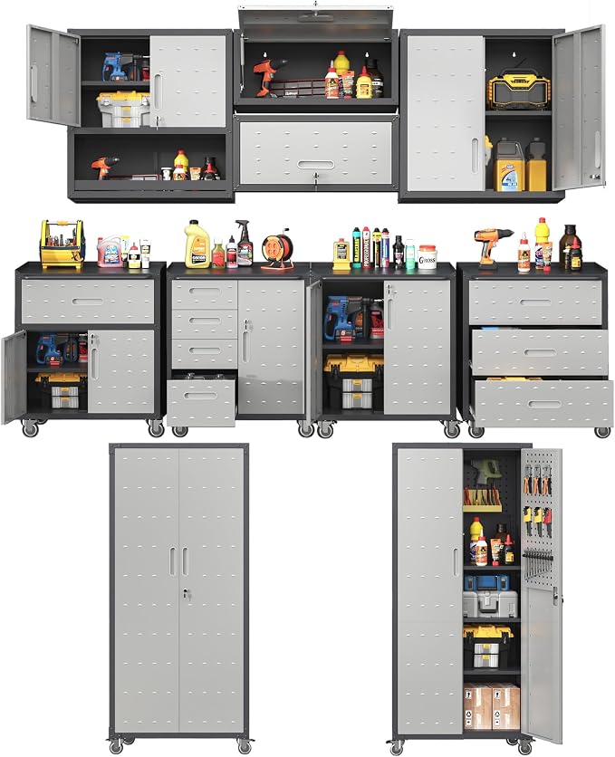 Garage Storage Cabinet System,Wall Cabinet & Locking Rolling Tool Cabinet with Doors and Adjustable Shelves
