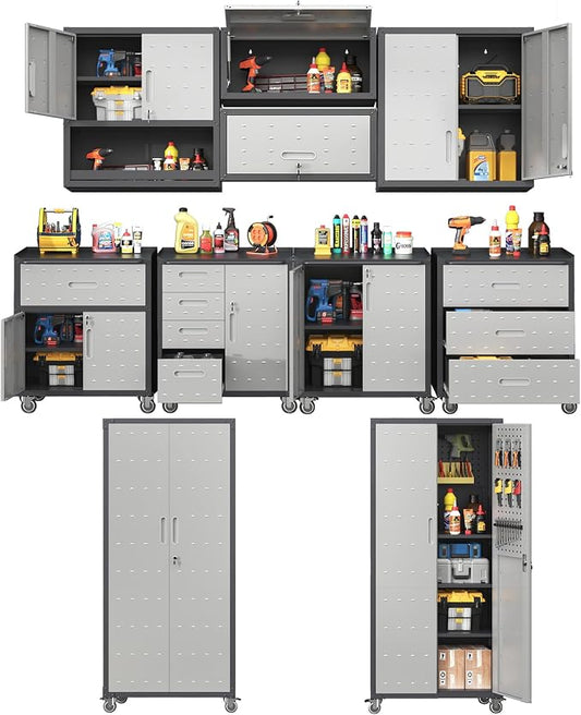 Garage Storage Cabinet System,Wall Cabinet & Locking Rolling Tool Cabinet with Doors and Adjustable Shelves
