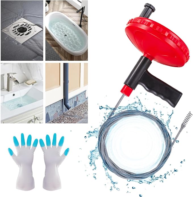 Drain Snake Hair Drain Clog Remover 30 Feet Flexible Drain Auger Tool | Cleaning Brush for Kitchen, Bathroom and Shower Sink with Gloves Use Manually or Powered
