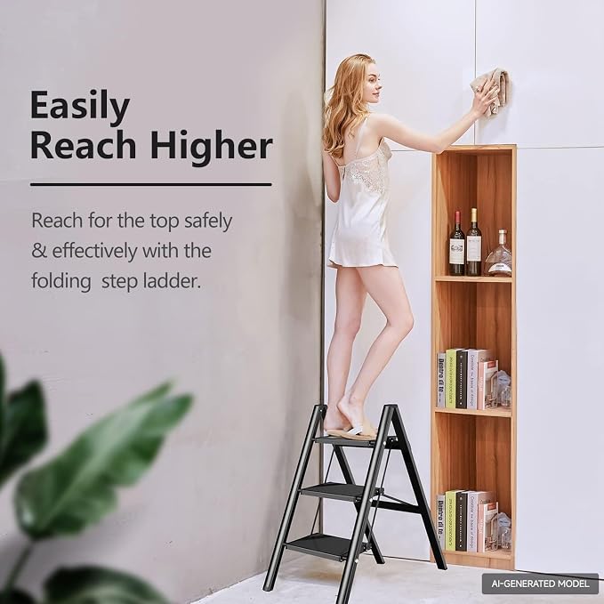 3 Step Ladder, Folding Step Stool, Lightweight Stepladder, Black | Anti-Slip 7.9'' Wide Pedal;Space-Saving;For Kitchen, Home, Library, Office Use;300lbs Capacity