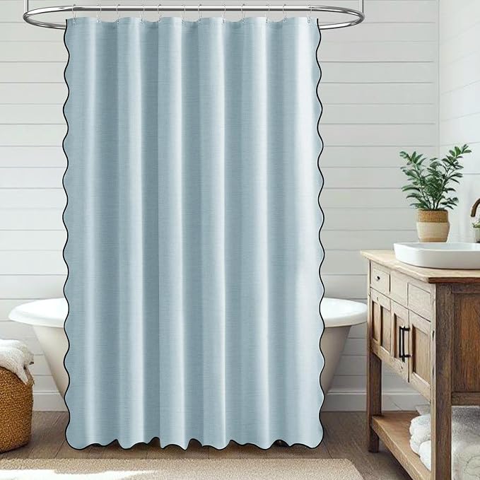 72x90 Boho Scalloped Linen Textured Cloth Shower Curtain Set, Fog Blue | Long Size, 230GSM Waterproof Polyester, Heavy Duty Fabric, 12 Plastic Hooks, Elegant Modern Farmhouse Style, Machine Washable