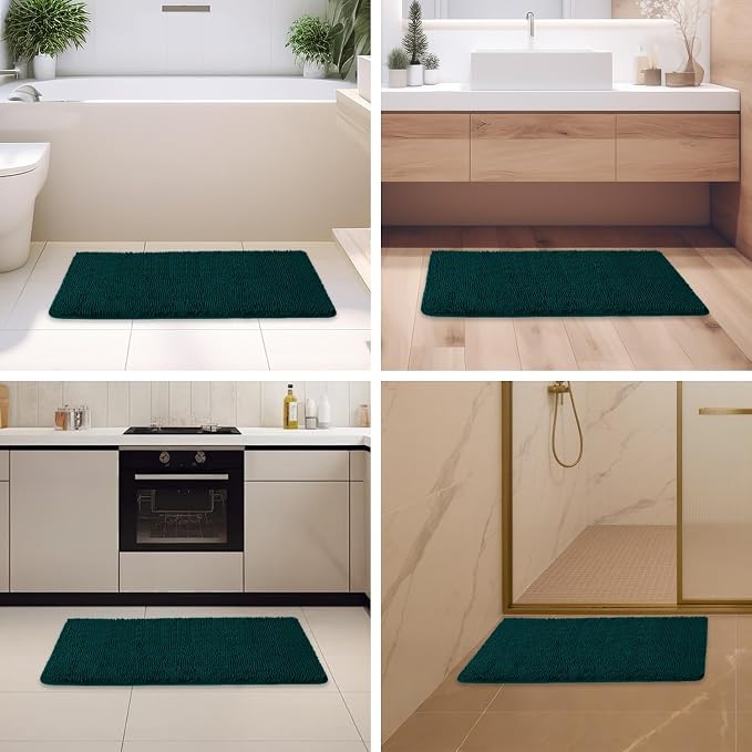 Dark Teal Bathroom Rugs – Absorbent and Washable Bath Mat, Non-Slip, Thick Soft Chenille Bath Rugs for Bathroom Floor, Shower, Sink - 24" x 36"