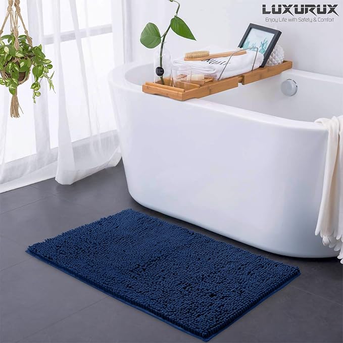 LuxUrux Ultra-Soft Chenille Bath Mat - Plush Microfiber Bathroom Rug, Super Absorbent & Quick-Dry, Cozy Shaggy Design, Machine Washable (24 x 36 inches, Blue)