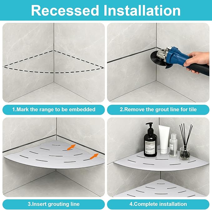 soaez Brushed Nickel Corner Shower Shelf, SUS304 Stainless Steel Recessed Bathroom Shower Shelves, No Drilling Grout Mount Shelf for Shower, Bathroom Accessories (8", 2Pack)