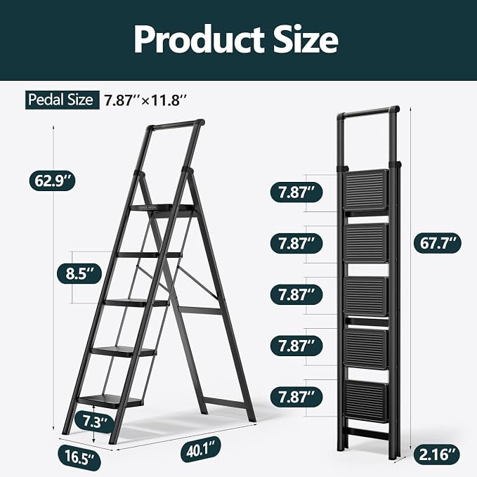 5 Step Foldable Step Stool with Handrail, 330lbs Load, Black | Folded 67'' H x 3'' T; Net 17.8 lbs; Anti-Slip Feet Grip Wood, Tile, Carpet; Wide Pedals; For Shelves, Repairs.