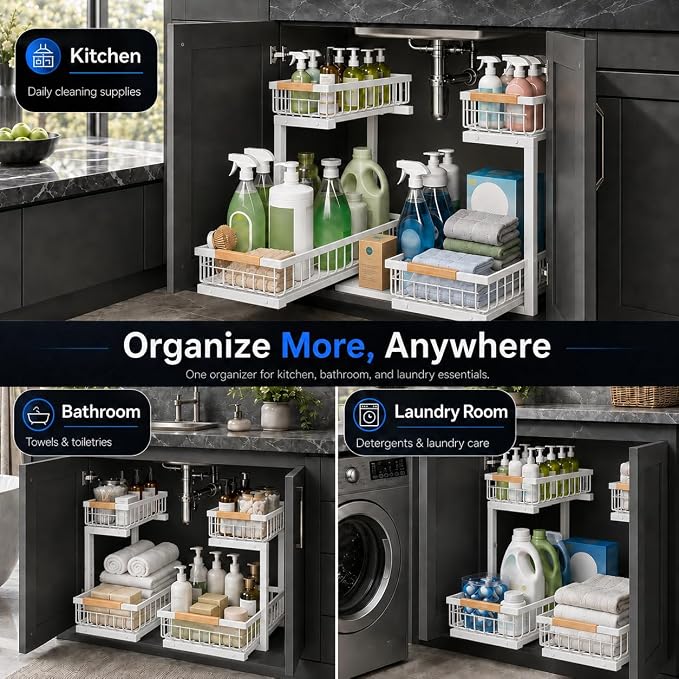 Under Sink Organizer 2 Pack, Double Slide Out Metal Shelf, White | Pull Out Kitchen Storage Cabinet Organizer, 2-Tier Under Sink Storage Rack for Bathroom Laundry Kitchen Storage with Drawer