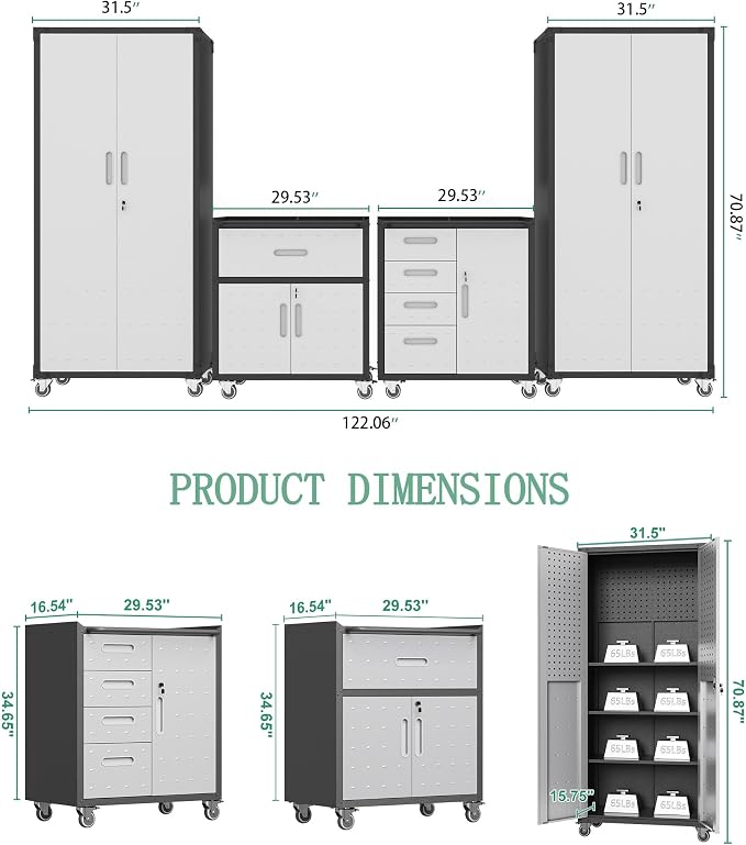 Garage Storage Cabinet System,Wall Cabinet & Locking Rolling Tool Cabinet with Doors and Adjustable Shelves