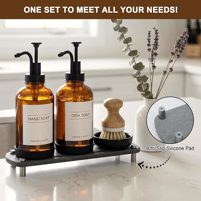 Kitchen Soap Dispenser, 16.9 oz/500 ml Amber Soap Dispenser, Hand and Dish Soap Dispenser Set, Dish Brush, Refillable, for Daily Kitchen Cleaning
