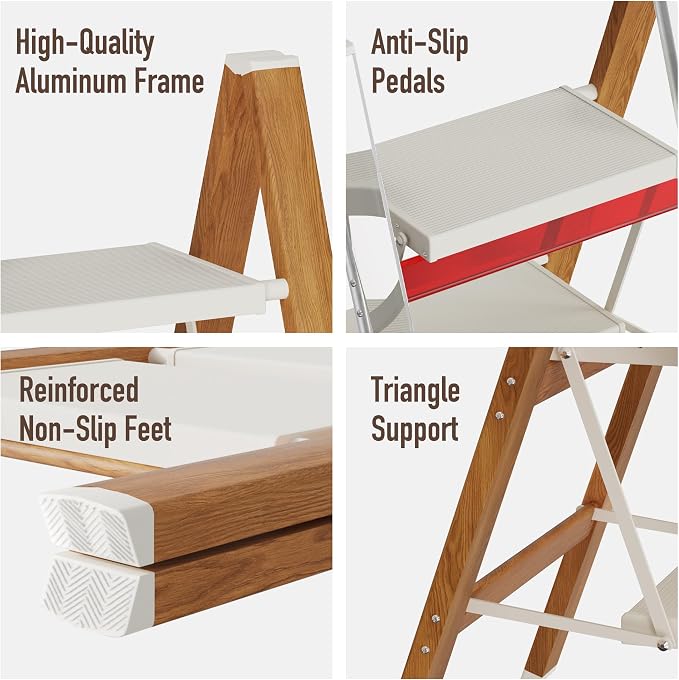Mayi Plus 4 Step Stool Foldable, Aluminum, Lightweight Step Ladder | Extra-wide anti-slip folding steps with 330 lbs, for home,kitchen,office,outdoor,White & Woodgrain.