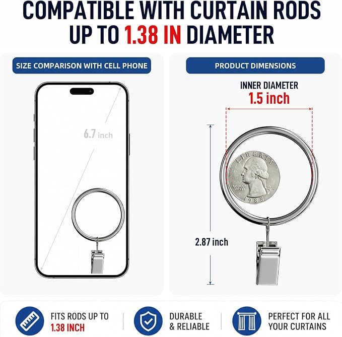 Lansian 44 Pack Curtain Rings with Clips Hooks 1.5 in Diameter Rustproof | Metal Stainless Steel Drapery Rings for Tension Rod Bracket Eyelets Decorative Hanger, Fits 1.38 in Rods, Shiny Silver