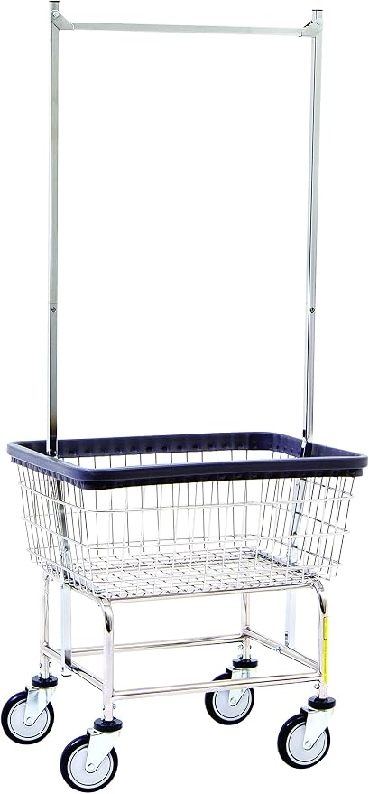 R&B Wire® 100E58 Heavy Duty Wire Laundry Cart with Double Pole Rack | 2.5 Bushel | Steel Frame with Chrome Finish | Commercial Laundry Basket | Industrial Bumper | 5" Clean Wheel System™ Casters