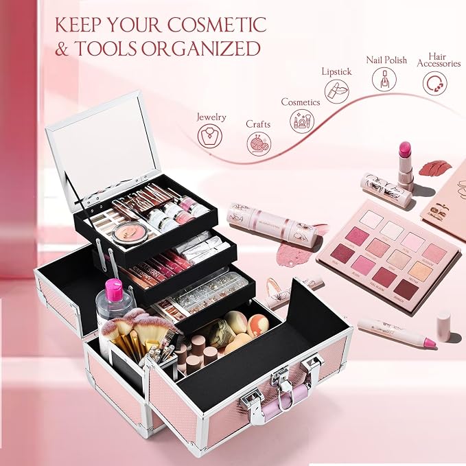 Joligrace 3-Tray Makeup Case with Mirror & Brush Holder, 11.6" Mermaid Pink | Cute mermaid style makeup train case with lots of storage capacity. Home makeup box holds cosmetics neatly and clean.