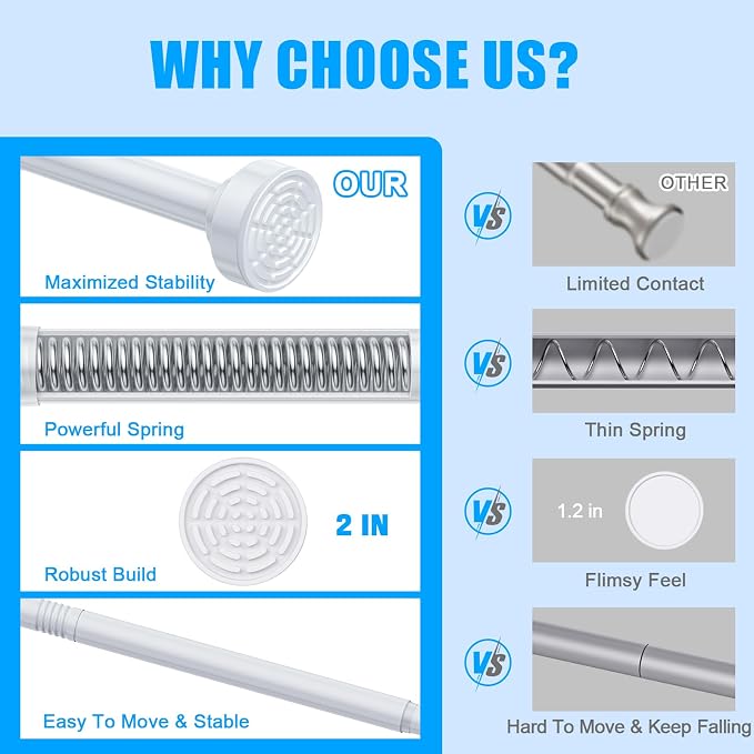 TEECK Shower Curtain Rod, 32-68 inch Adjustable Spring Tension Curtain Rod, Never Rust Anti-Slip Shower Curtain Rod for Bathroom, No Drilling, Never Collapse, Easy to Use, White