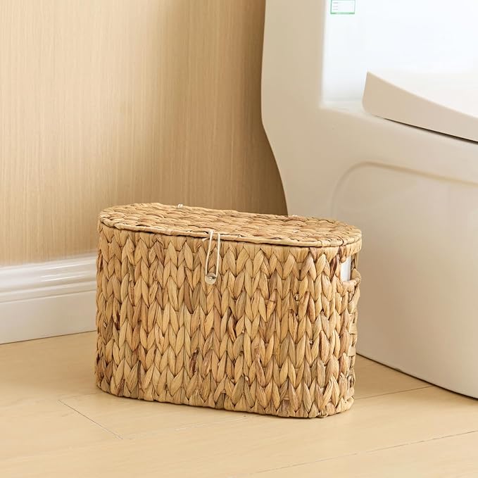 YANGQIHOME Toilet Paper Storage, Water Hyacinth Toilet Paper Storage with Lid, Papers Container for up to 6 Mega Rolls, Bathroom Basket Organizer