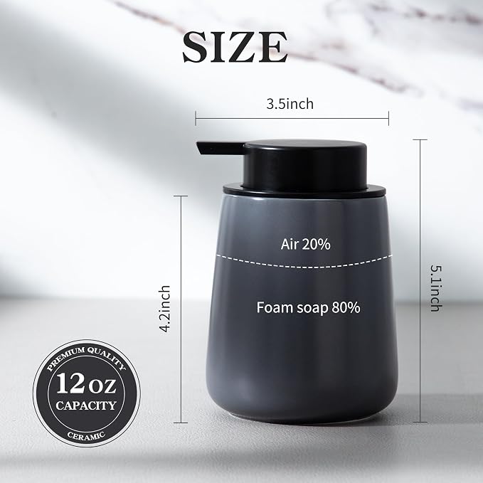 Enra Grey Soap Dispenser, Modern Ceramic Hand Soap Dispenser Bathroom | 12oz Ceramic Body with Wide-Mouth Refill Opening. Neutral Gray Finish Adds Style to Kitchens, Vanities and Countertops.