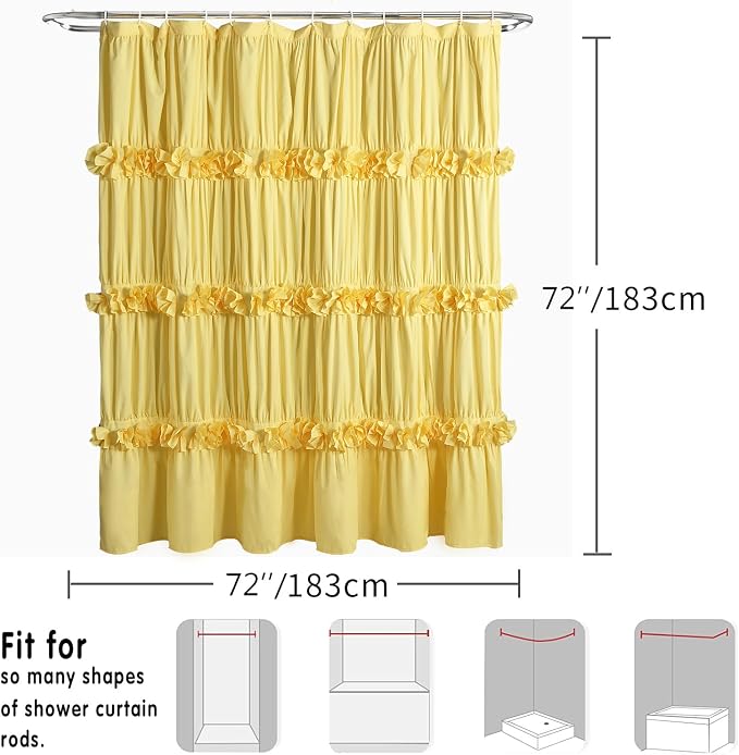 Bright Yellow Shower Curtain with 12 Buttonholes | Vintage Handcrafted Bow Tie Bath Curtain for Master Bathroom, Ruched Microfiber Bathroom Curtain, 72" W x 72" H (LQ-10)