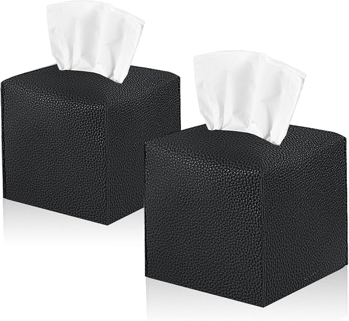 2 Pack 5"x5"x5" Square PU Leather Tissue Box Holders for Home & Office | Modern sleek design, water-resistant PU surface, fits bathroom vanity nightstand & car (Black)