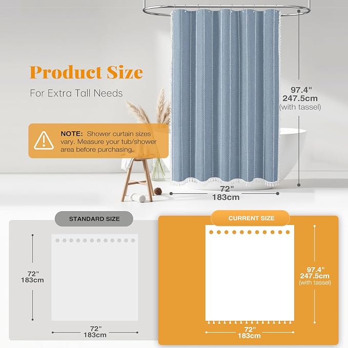 72x96 Extra Long Boho Linen Heavy Duty Cloth Shower Curtain Set, Blue | Extra Tall Size, 330GSM Linen Blend, Water Repellent, Vintage Striped Fabric, 12 Hooks, Rustic Country, Machine Washable