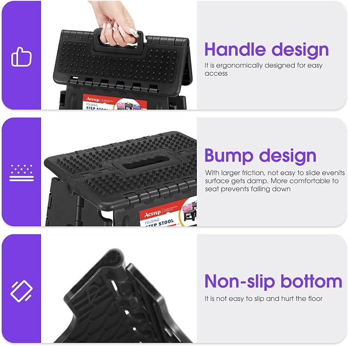 17.5 Inch Heavy Duty Folding Step Stool, 400 lbs, Dot Black | Collapsible Stepping Stool for Adults with Handle and Non-Slip Surface, for Kitchen, Garage, Bedroom and Outdoor Tasks