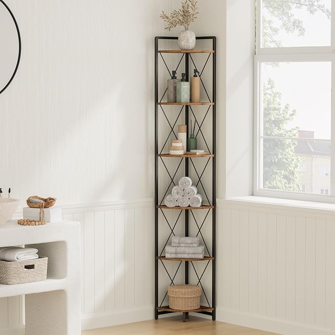 6 Tier Corner Shelf Stand, 78" H Tall Corner Bookshelf, Rustic Brown | Industrial Metal Corner Shelf for Living Room Decor, Plant Stand Display Shelf for Bedroom, Bathroom, Small Spaces