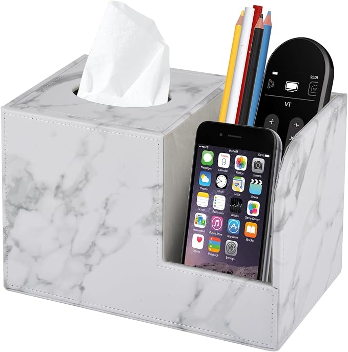 PU Leather Tissue Box Cover Square-Multifunctional Bathroom Tissue Box Holder/Organizer with 2-Compartment,Remote Control Holder,Decorative Tissue Box Covers Cube,Home Office Desktop Storage box,White
