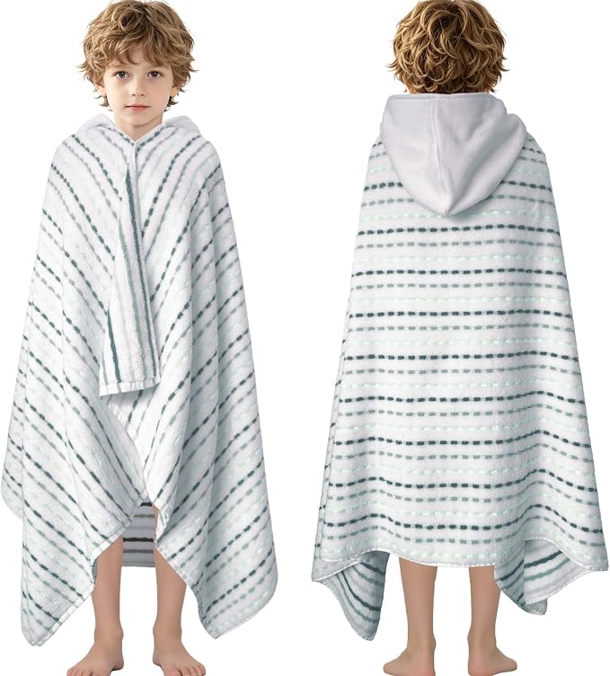 VOOVA & MOVAS Kids Hooded Bath Towel, 6-10 Years, 100% Cotton, White Green | Dotted Plaid Pattern, Ultra Thick Fabric, Strong Absorbency for Bath and Beach Trips