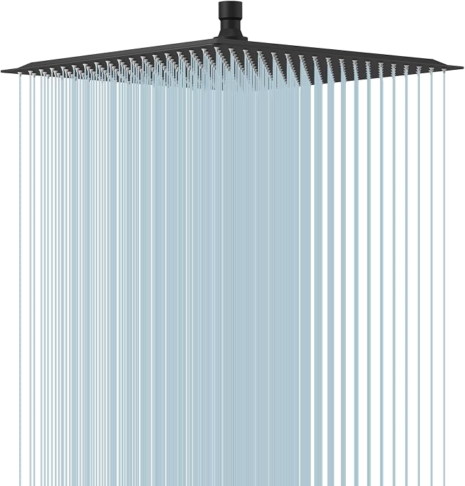 16 In Rain Shower Head High Pressure Rainfall Shower Head Matte Black | Square Rain Bathroom Showerhead, High Flow, Large Stainless Steel, Ceiling Mounted, Wall Mounted, Waterfall Full Body