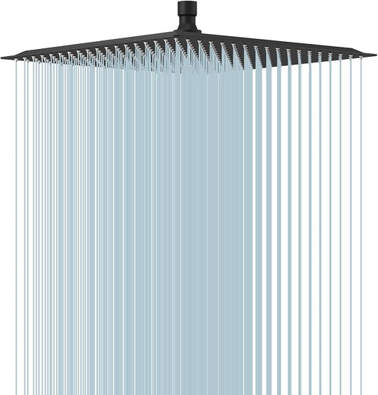 16 In Rain Shower Head High Pressure Rainfall Shower Head Matte Black | Square Rain Bathroom Showerhead, High Flow, Large Stainless Steel, Ceiling Mounted, Wall Mounted, Waterfall Full Body