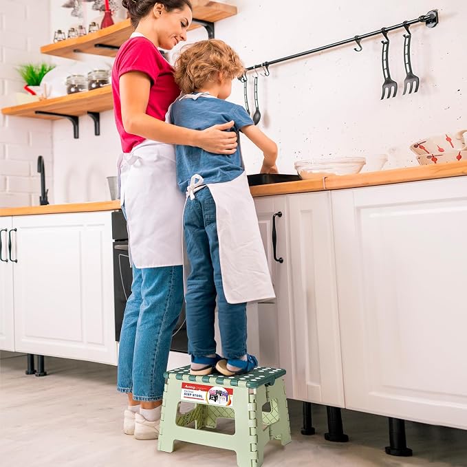 Folding Step Stool 9 Inch for Kids, 300 lbs, Bicolor Green | Lightweight Plastic Small Foldable Step Stool with Handle, Non-Slip, for Kitchen, Bathroom, Bedroom and Closet