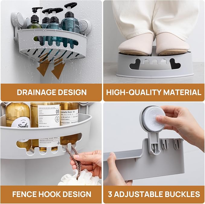 Corner Shower Caddy Suction Cup, Shower Basket Suction Bathroom | Grey Shower Caddies, Waterproof & Rustproof Bathroom Organizer, No-Drilling Shower Rack, Removable