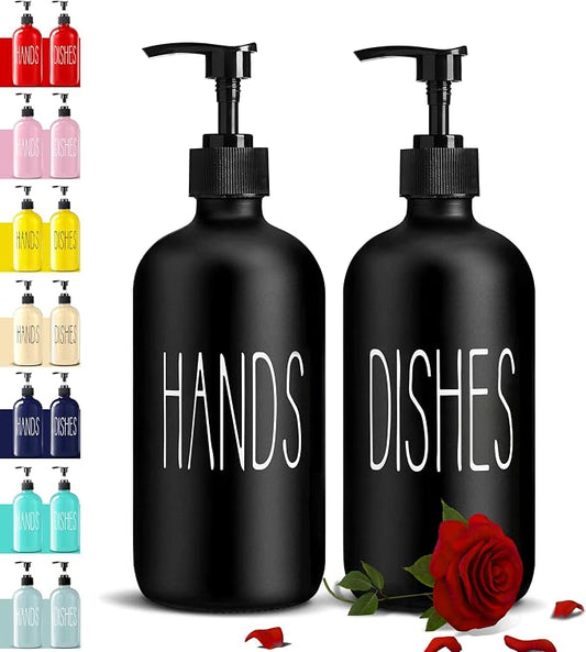 COHOSEGE Glass Soap Dispenser Set 2 Pack,Contains Hand and Dish Soap Dispenser.Premium 16 Oz Black Kitchen Soap Dispenser Set for Kitchen Sink and Farmhouse Decor