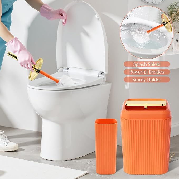 17PCS Bathroom Accessories Set, Orange Bathroom Set Bathroom Accessories Set with Trash Can, Toilet Brush, Toothbrush Holder, Qtip Holder & 3PCS Soap Dispenser